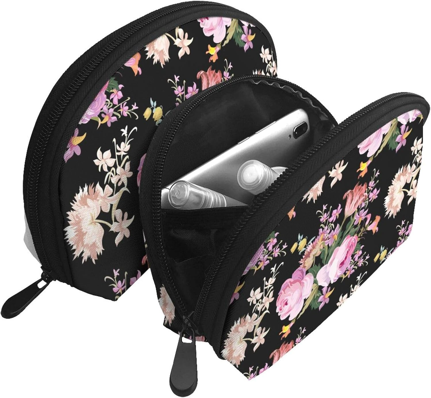 Cozimangoe Coin Pouch Makeup Bags Set, 2 Piece Shell Shape Cosmetic Bag with Pockets for Daily Travel Handbag Lipstick Keys Toiletry, Personalized Pink Roses Vintage on Nature Rose image number 3