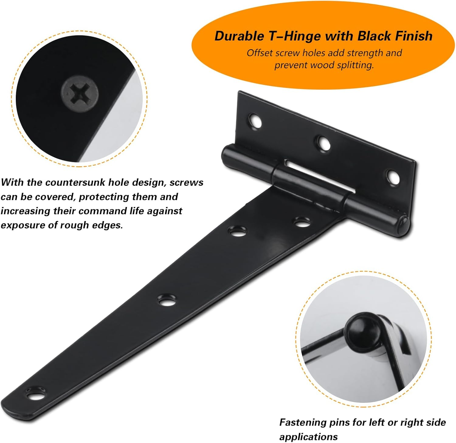 2 Pack 6 Inch T Strap Hinges, Shed Door Gate Hinges, Heavy Duty Black Outdoor Tee Hinge for Wooden Fences, Barn Door Gates Hinge for Shed Door Hardware (2, 6 Inch) image number 6