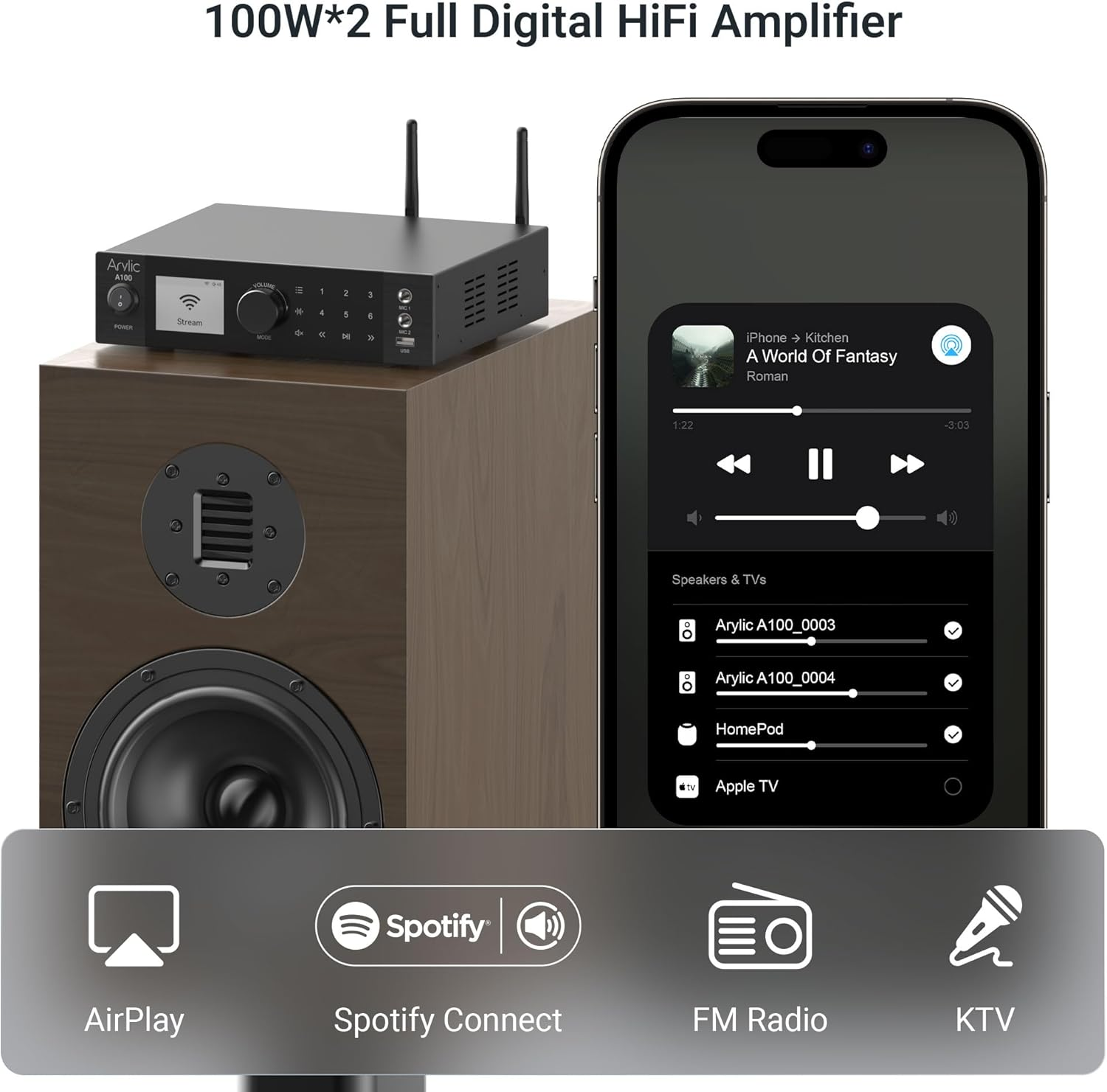 Arylic A100 Wireless Full Digital Hifi Amplifier with FM Radio, 100W&times;2 Wifi & Bluetooth Audio Receiver, Supports Airplay, Spotify Connect,Multiroom, Ideal for KTV, Home Theater, and Broadcasting.