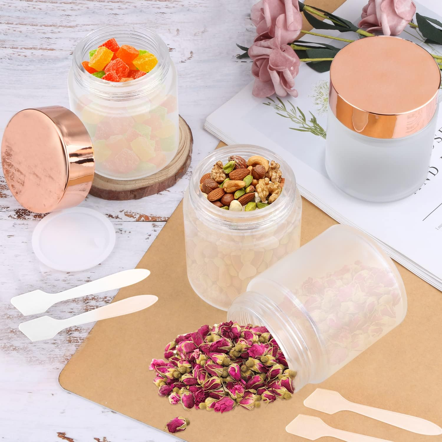 4 Pack 200G/7Oz Frosted Glass Jars Empty Cosmetic Pot Refillable Cream Container Bottle with Rose Gold Lid&Inner Liner for Lotion Face Cream DIY Makeup Salve Lip Balm Toiletries image number 1