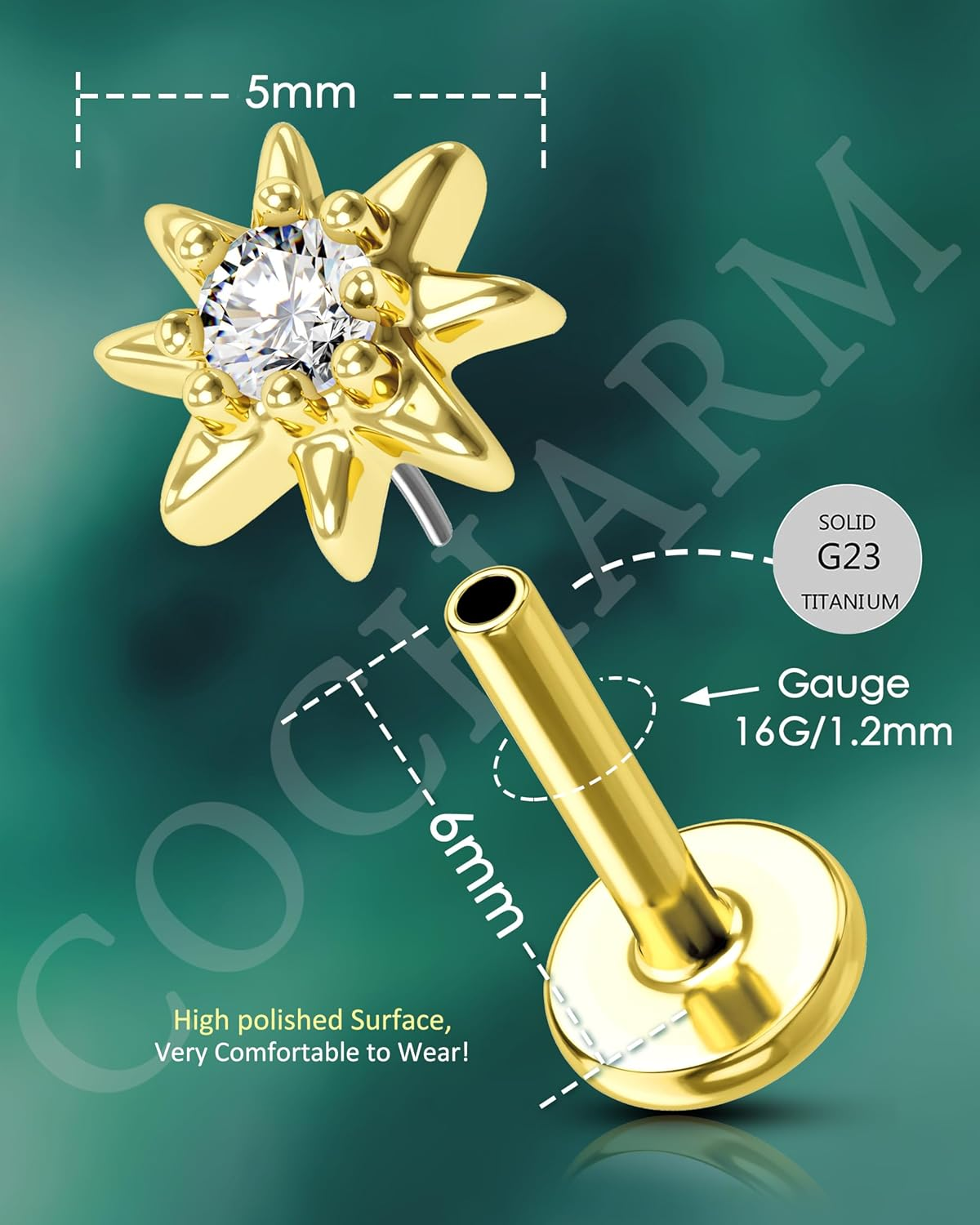 COCHARM Helix/Tragus/Conch/Cartilage Piercing Jewellery 16G 6Mm/8Mm - Threadless Star Tragus/Cartilage Earring Stud with Flat Back, Push Pin Surgical Steel Lobe Jewellery in Gold & Silver