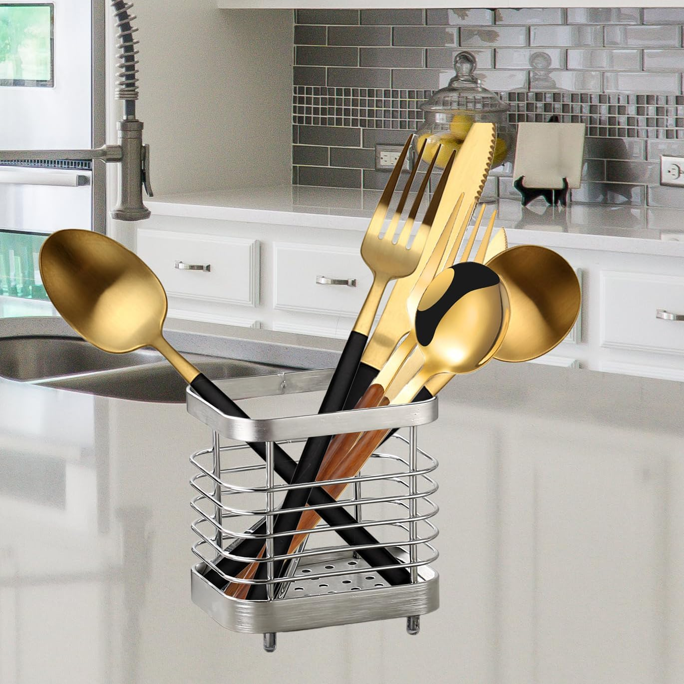 Utensil Holder Kitchen Countertop Organizer, Cutlery Drainer Sink Caddy Dish Drying Rack, Cabinet Silverware Storage Organiser, Stainless Steel, Silver(4 In) image number 2