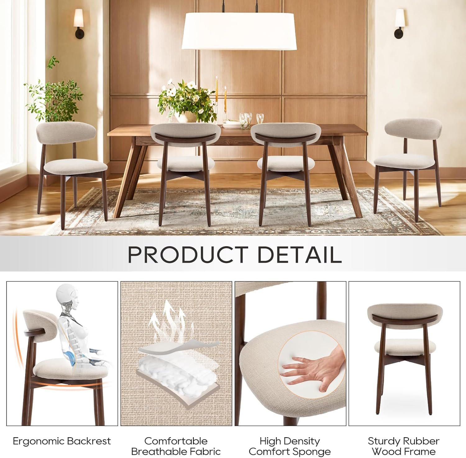 COLAMY Farmhouse Modern Dining Chairs Set of 2, Upholstered Fabric Seat with Wooden Frame, Armless Accent Chairs for Home Kitchen, Cafe (Fabric, Beige) - Beige image number 2