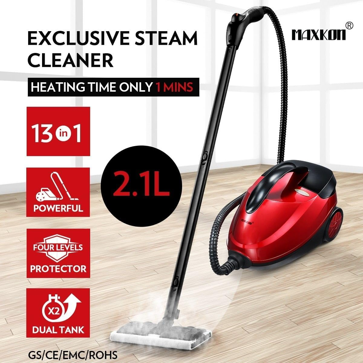 Maxkon 13-In-1 Steam Cleaner Mop High Pressure Floor Window Carpet Steamer Handheld Home Cleaning,Dual Tank, 2.1L image number 2