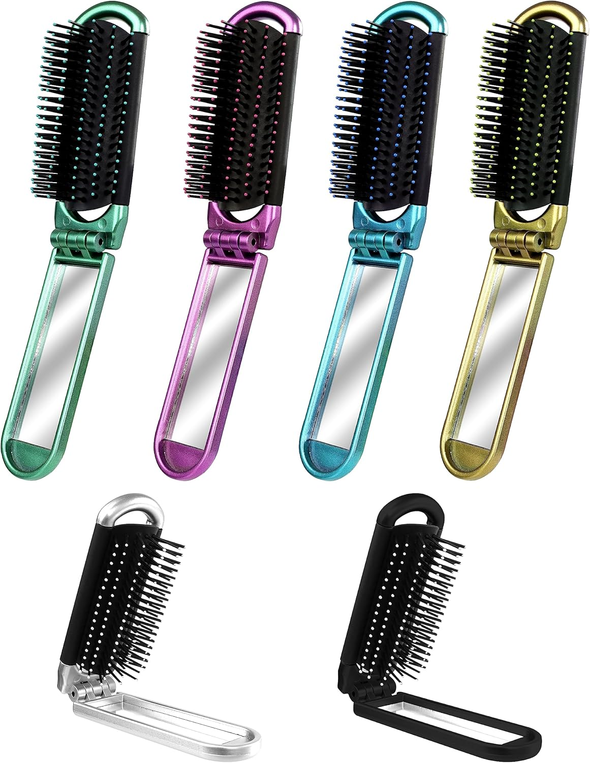6 PCS Folding Travel Hairbrush Set with Compact Mirror for Women - Mini Pocket Brush with Mirror for Purse and Girls image number 5