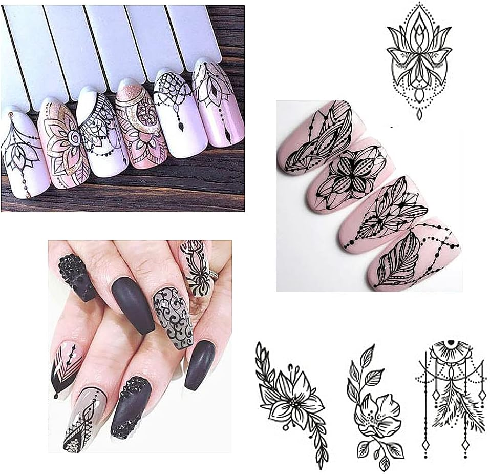 13 Sheets Black Nail Stickers Boho Retro Nail Decals Black Nail Tattoos Water Transfer Nail Decals Nails Supply Necklace Jewelry Feather Nail Design for Women Nail Art DIY Decoration image number 4