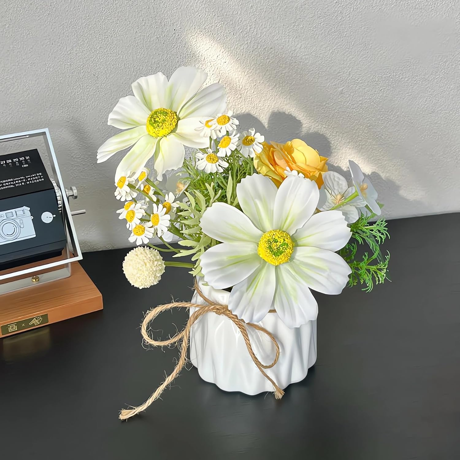 Artificial Flower Arrangement with Roses and Daisies in White Ceramic Vase, Mixed Bouquet A218 (White) - Light Pink image number 1