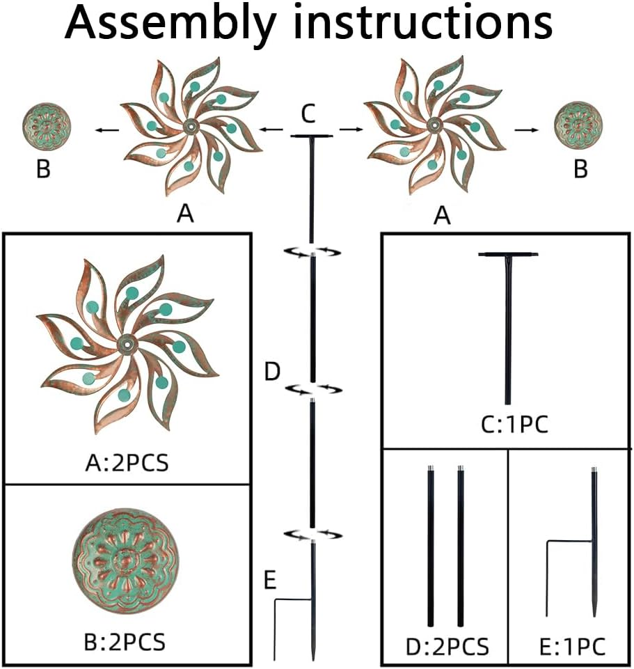 Viveta Metal Wind Spinners Outdoor,Vintage Kinetic Wind Spinner Garden Pinwheels with Metal Stake for Patio,Lawn,Garden,Creative Gifts for Women, 59 * 13.4 Inch, Rusty Red-Green image number 6