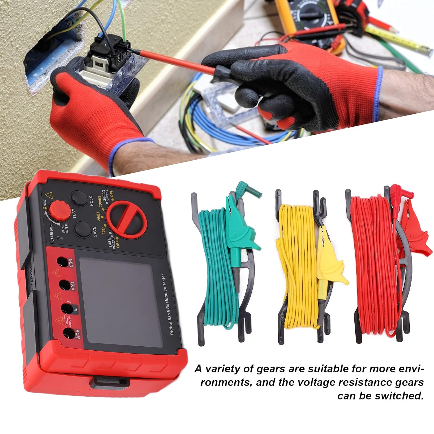 Earth Ground Resistance Tester Meter, 2000&Omega; Digital Ground Earth Resistance Meter with LCD Display & Storage Case, Professional Insulation Resistance Tester Kit for Electrical Equipment image number 6