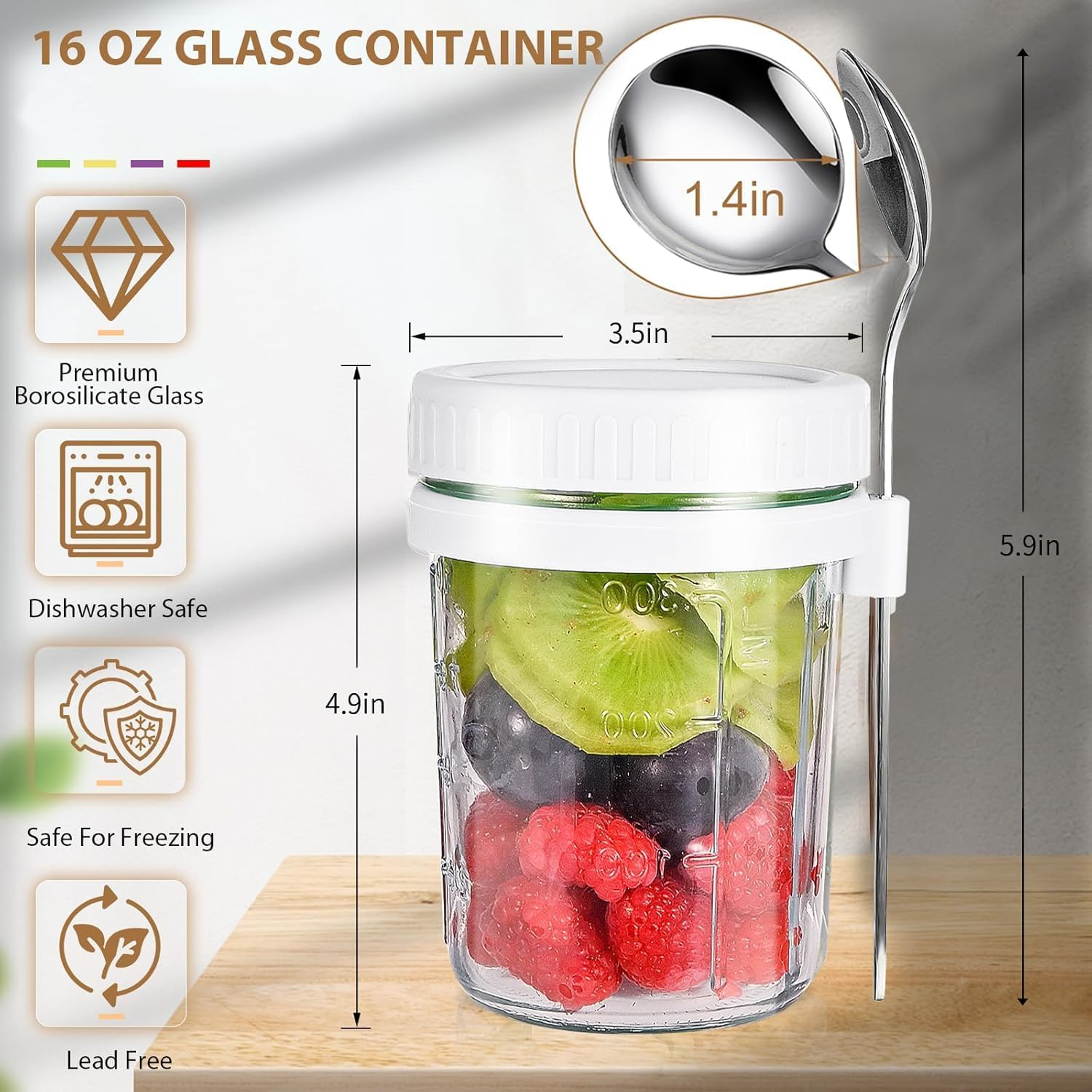 Heyinova Overnight Oats Jars,Overnight Oats Containers with Lids and Spoons, Airtight Oatmeal Container with Measurement Marks, Mason Jars with Lid for Cereal on the Go Container (4 White) image number 4