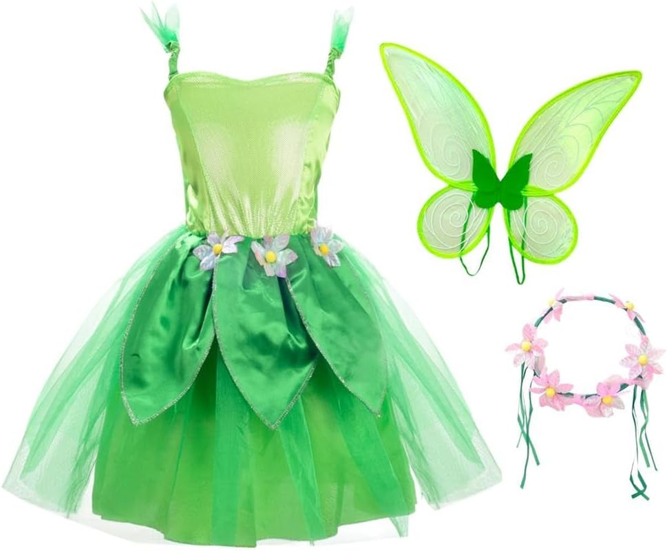 Dressy Daisy Green Fancy Fairy Costume with Flower Wreath Headband for Toddler Little Kids Girls Halloween Birthday Party Dress up Size 2 to 10