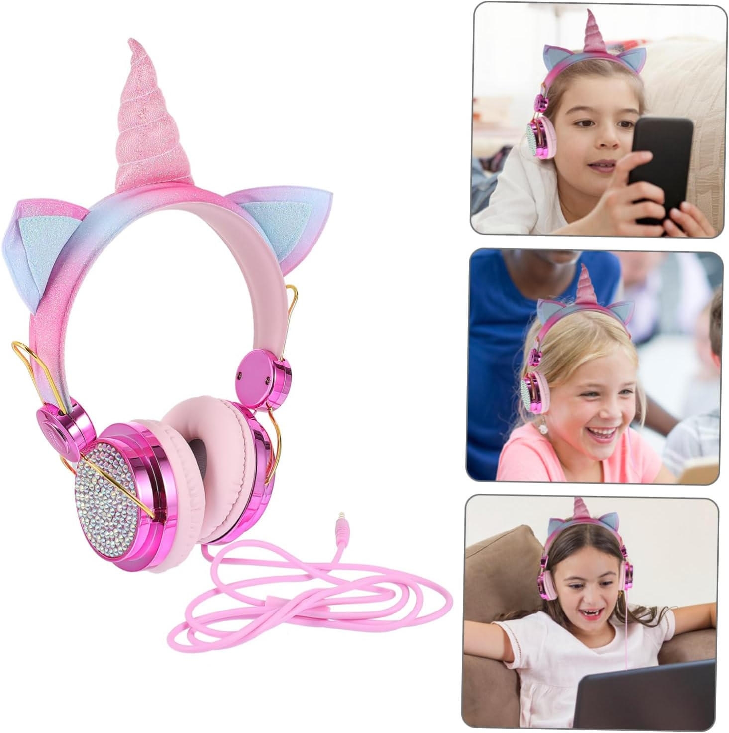 FUNNETOYU Gaming Headset with Rhinestone Decoration Portable over Ear Earphones for Cellphone and Computer Comfortable Soft Earmuffs Wired Headset for Adults Rose Gold image number 2