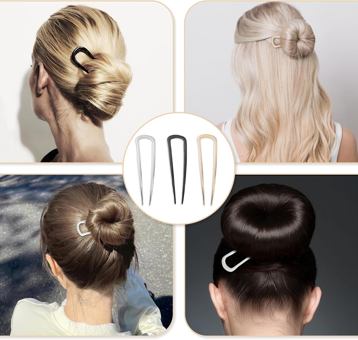Huotflame U-Shaped Hair Pins Set of 3 - Metal Hair Pins in Gold, Silver, Black - Non-Slip Bun Clips for Women with Thick Hair, Elegant Hair Clips for French Twist