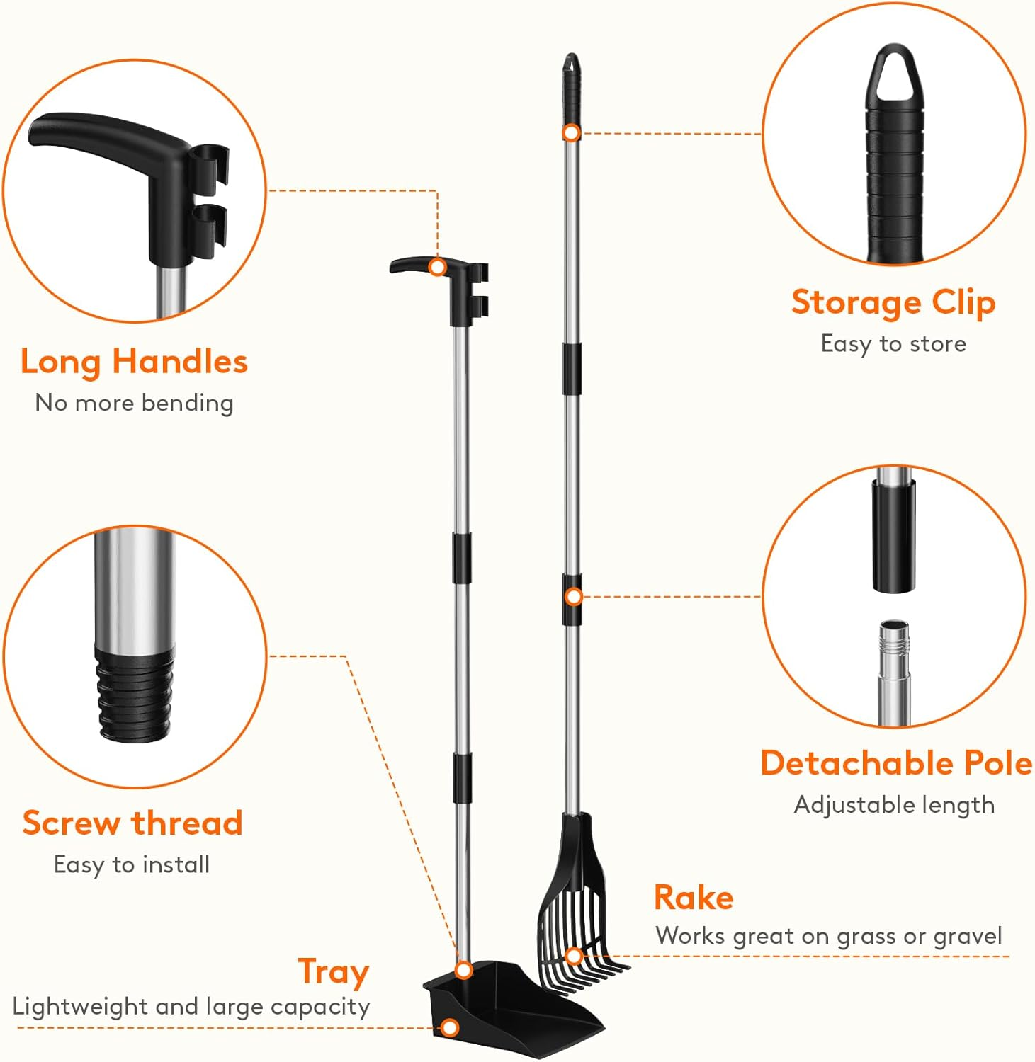 Lifewit Dog Pooper Scooper Plastic, Adjustable Stainless Metal Pole Long Handle Poop Scoop Set with Rake and Tray for Lawns, Yard, Grass image number 3