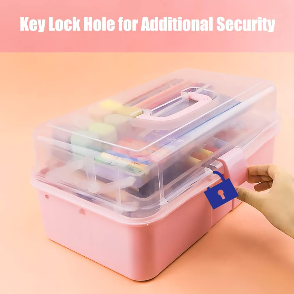 FOREVERIE 3-Tier Empty Luggage Cosmetic Case Large, Transparent Portable Makeup Storage Box, Multifunctional 3-Layer Plastic Tool Box for Barber, Cook, Baker, Nail Artist, Beauty Practitioners (Pink) - Pink image number 2