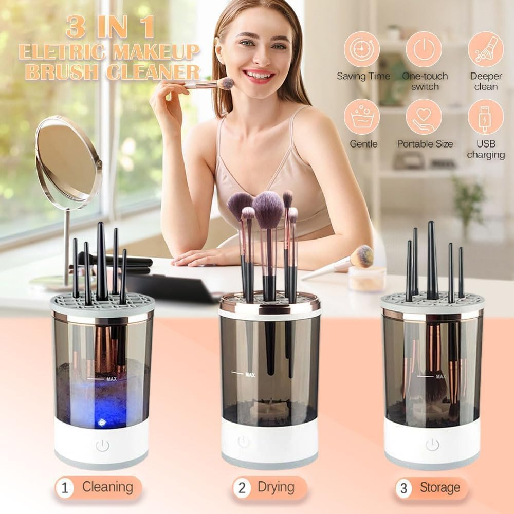 3-In-1 Upgraded Electric Makeup Brushs Cleaner, Necomi Automatic Makeup Brush Cleaning Machine with Brush Clean Mat, Automatic Cosmetic Brush Cleaner for All Size Makeup Brushes, Gifts for Wife, Girlfriend