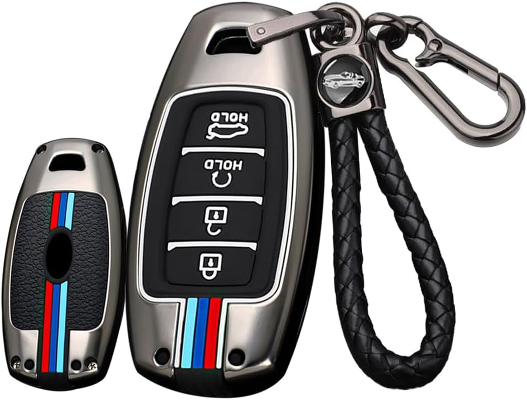 Ontto Metal Car Key Fob Cover Fit for Hyundai I30 Ix35 Kona Elantra Solaris Azera Accent Palisade Santa Fe Remote Key Case Keyring Silicone Key Shell Holder Bag Keychain Accessories 4 Button-C Silver
