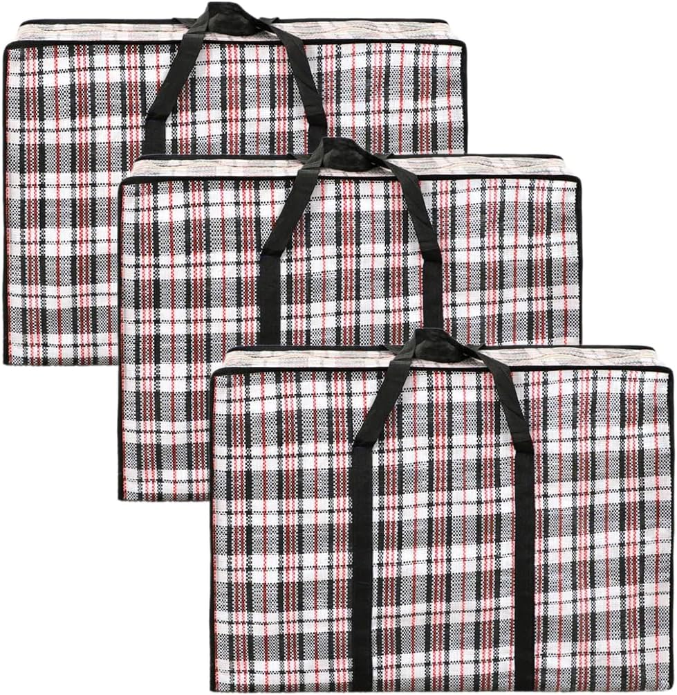 3 Set of Large Heavy Duty Checkered Tote Bags with Zipper and Handles Waterproof Storage Tote Duffle Bag with Zippers for Clothes, Bedding, Comforters, Pillows, Moving image number 1