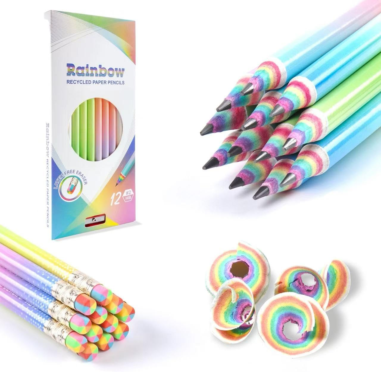 Pre-Sharpened Pencils HB #2 Eco Rainbow Paper Pencil Cute Pencils for Kids Number 2 Pencil with Erasers for School, Writing, 12 Count