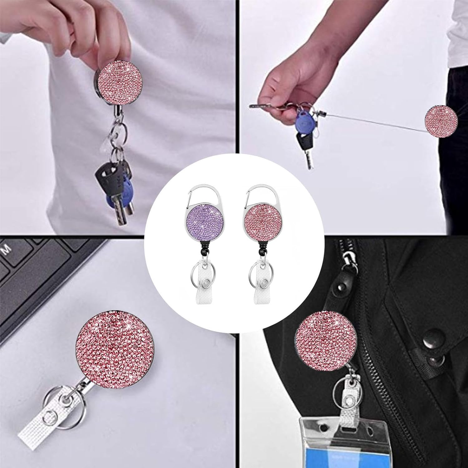 XUTONG 2PCS Retractable Badge Reel Carabiner Badge Holder with Bling Rhinestones Crystal,Badge Holders for ID Card Keychain (2Pcs Pink and Purple) image number 4