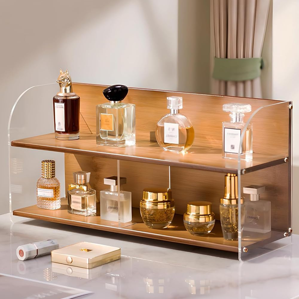 Shukitechi Bamboo Cosmetic Organizer, Large 2-Tier Vanity Storage Shelf for Makeup, Skincare and Bathroom Countertop Organisation, Multi-Purpose Desk and Vanity Organizer