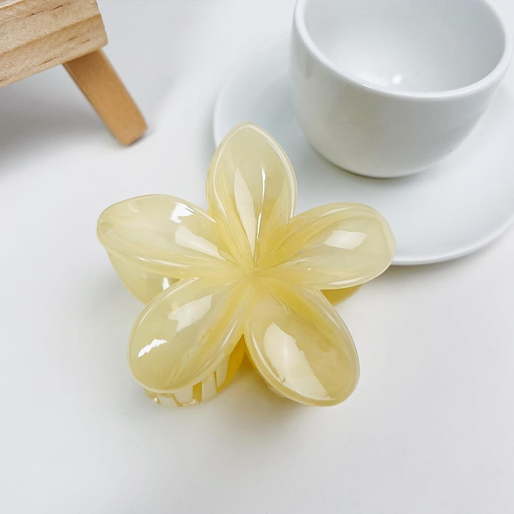 Creamy Yellow Hawaiian Flower Claw, Plumeria Clip, Preppy Flower, Hibiscus Claw for Women, Large Claws for Thick Hair, Hairs Accessories image number 3