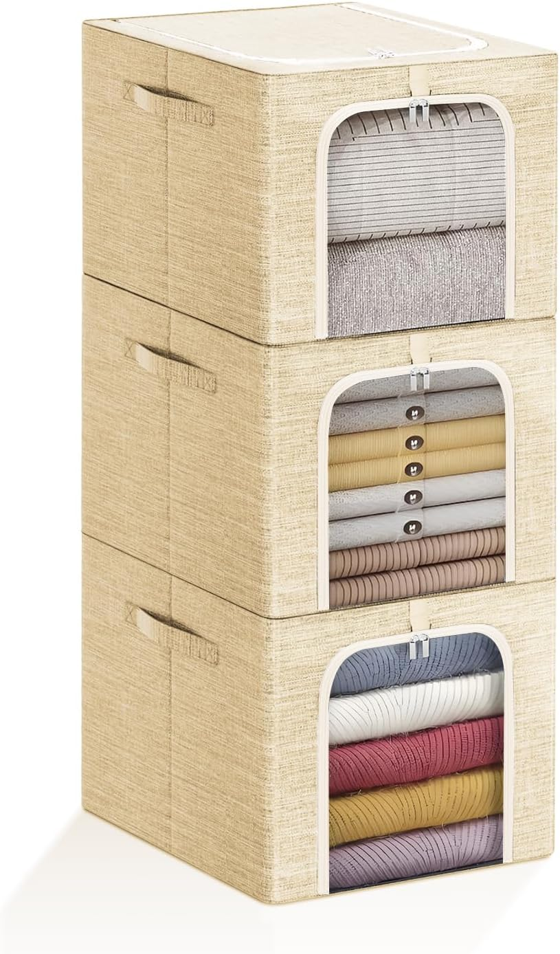 49L Clothes Storage Bags, 3 Pack Foldable Storage Bins Box with Metal Frame, Thick Stackable Closet Organizers Container Set with Handles Clear Window Cotton Linen(Grey)