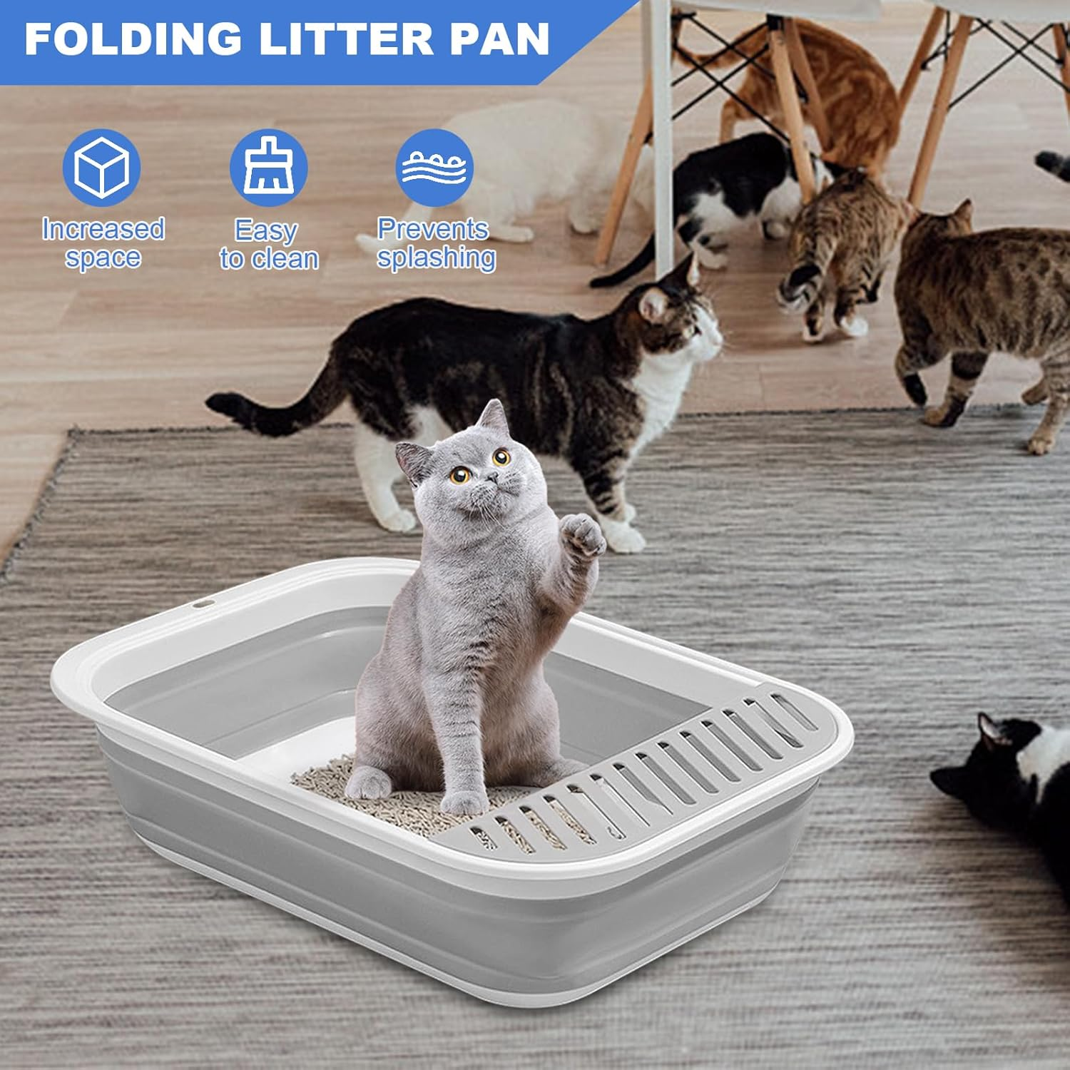Flat Cat Litter Tray, Foldable Cat Litter Tray with Shovel, 45 X 34 X 12.5 Cm, Cat Litter Tray Low with Rim, Cats, Travel Toilet, Cat Litter Tray Flat, Foldable Flat Cat Litter Tray (Grey) image number 1