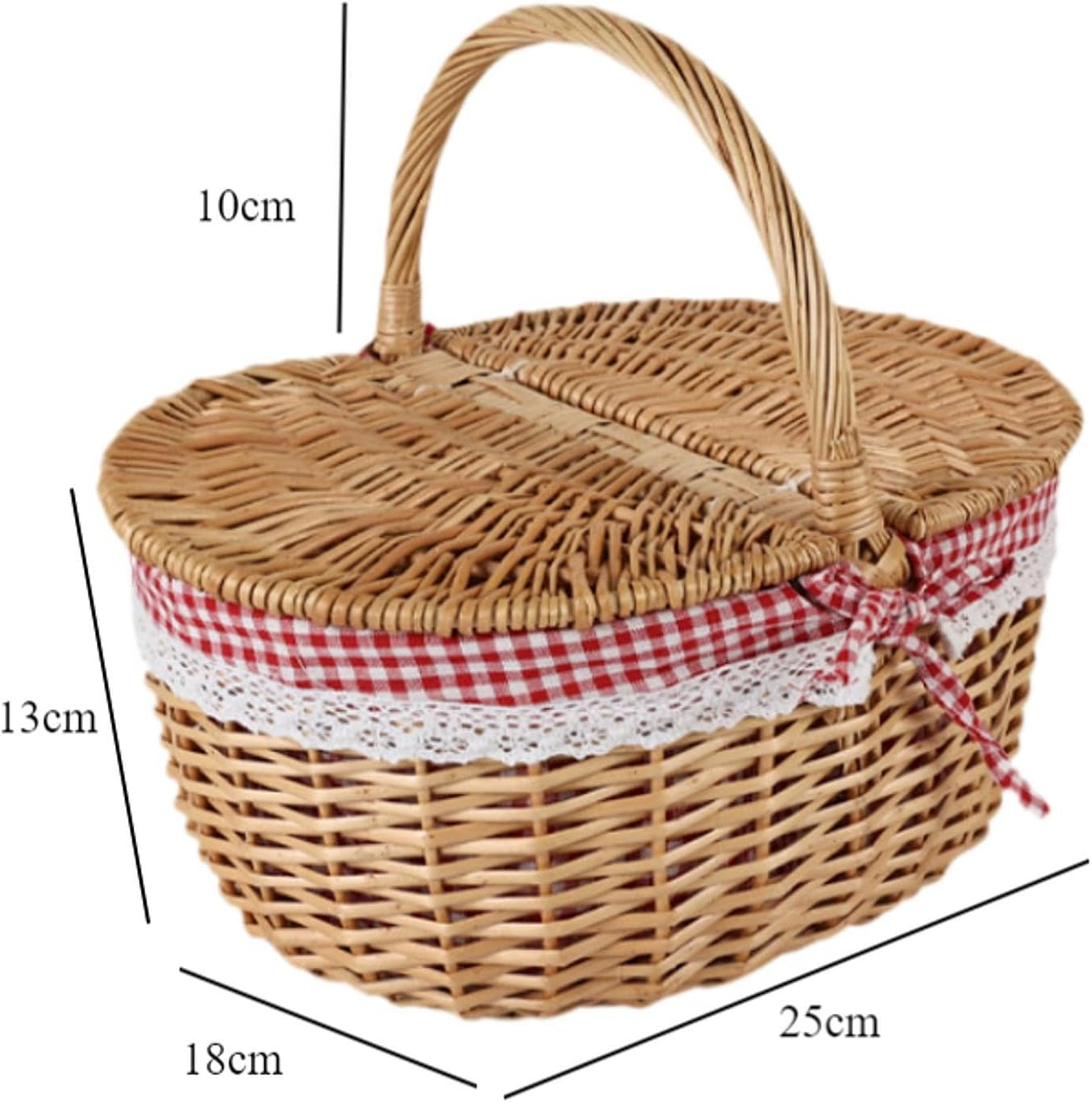 Wicker Picnic Basket, Rattan Storage, Serving Basket with Lid and Handle, Wicker, Woven Basket for Park Parties, Red White, Small image number 2