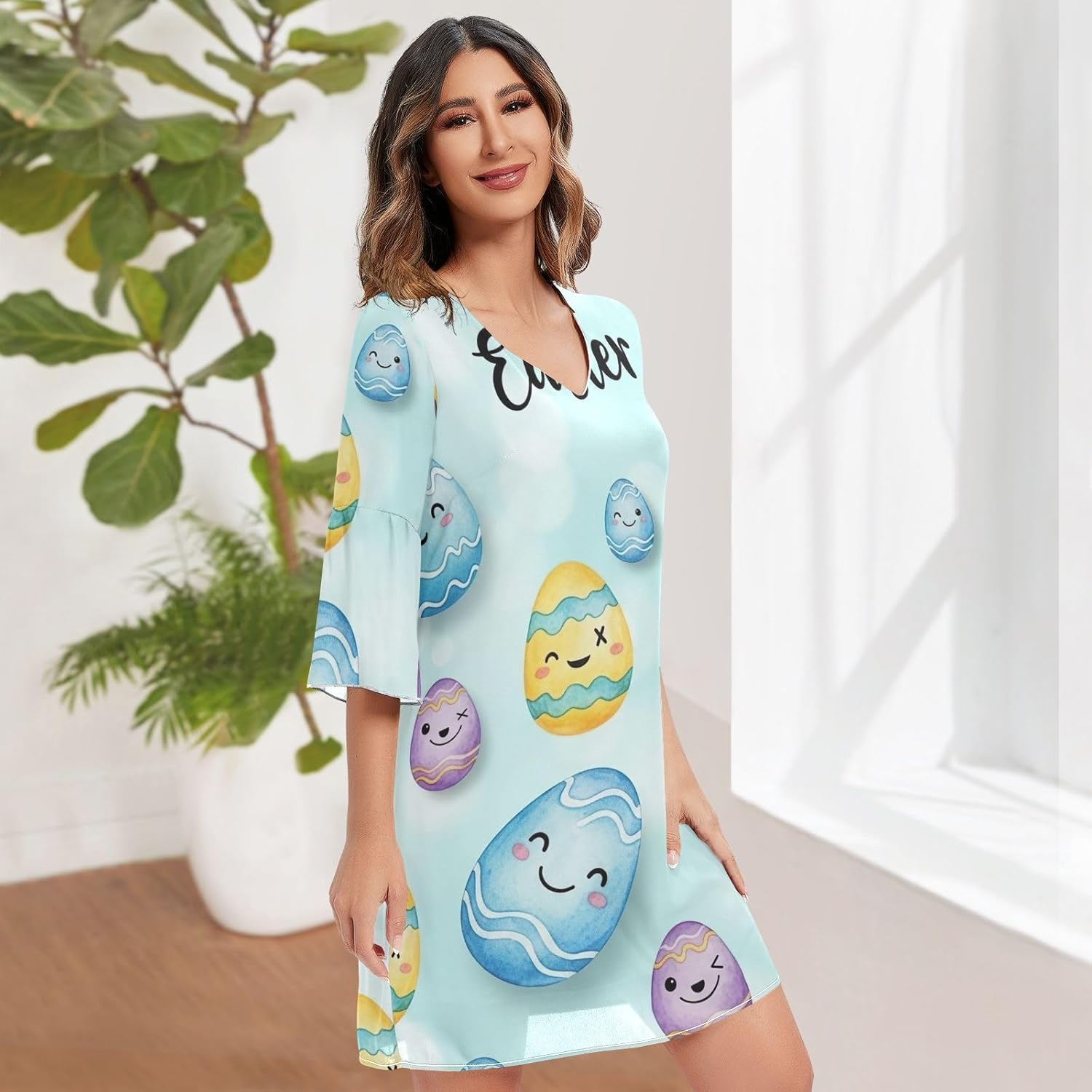 Funny Easter Eggs Blue Chiffon V Neck Dress Printed Maternity Dress Party image number 5