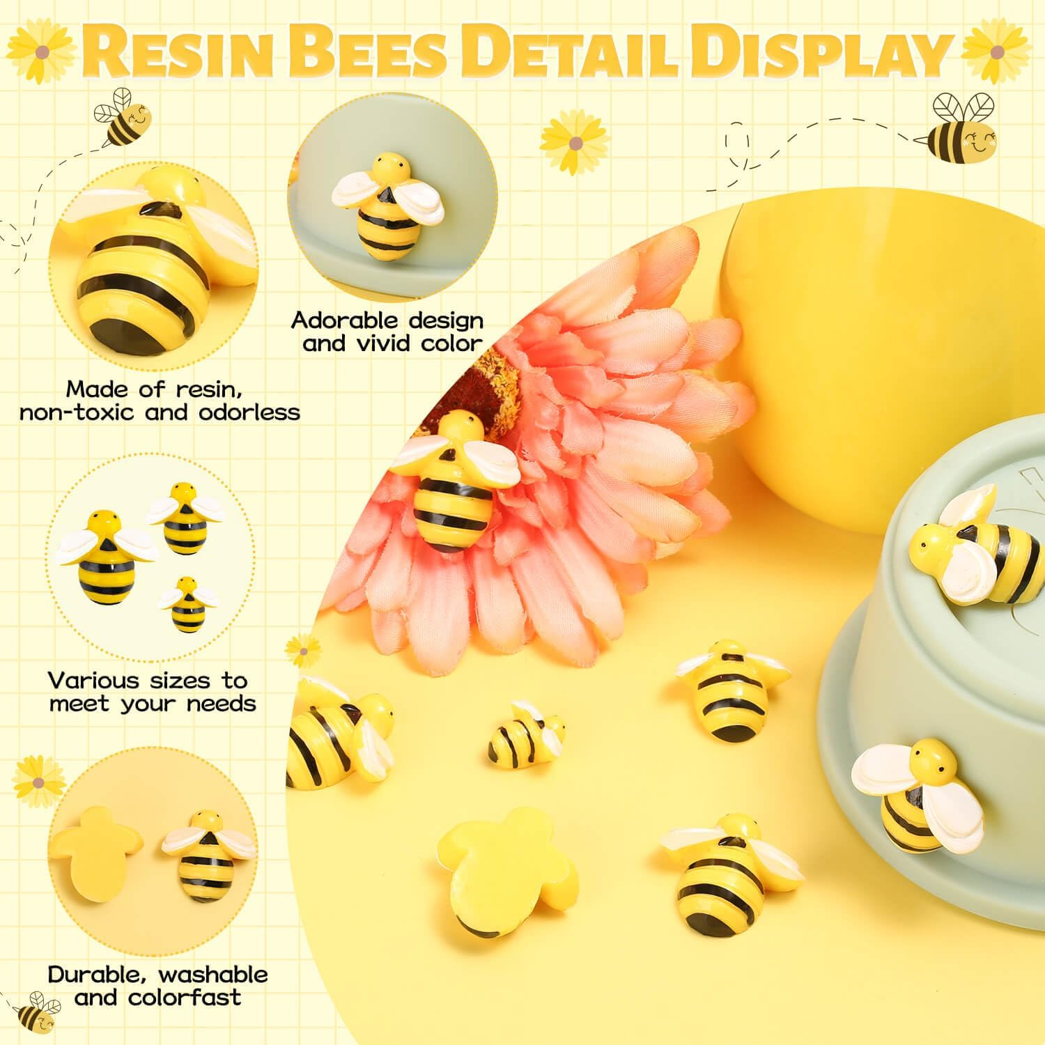 Tidponra 120PCS Bumble Bee D&eacute;cor, Resin Honey Bees for Crafts, Small Plastic Bees Ornaments for Decorations