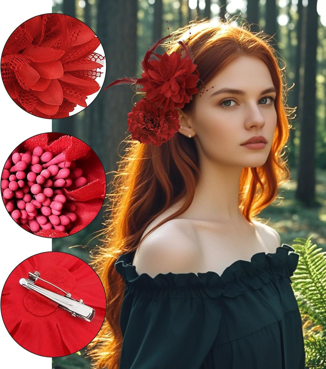 Axvxby B0DLNRM26R Axvxby 3 Piece Chinese Style Large Red Faux Flower Peony Hair Clip + Red Feather Headpiece + Folding Fan with Flowers for Women Hair image number 2