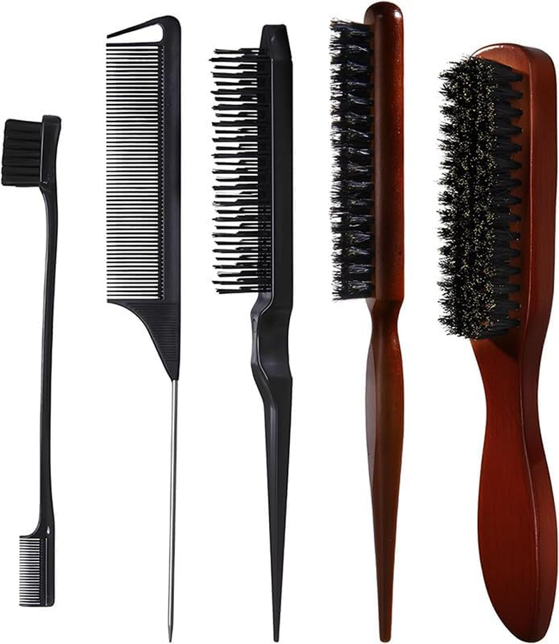 FOTOEVFC Boar Bristle Hair Brush Set, 5Pcs - Slick Back, Teasing, Quiff Roller, Anti-Static, Black image number 3