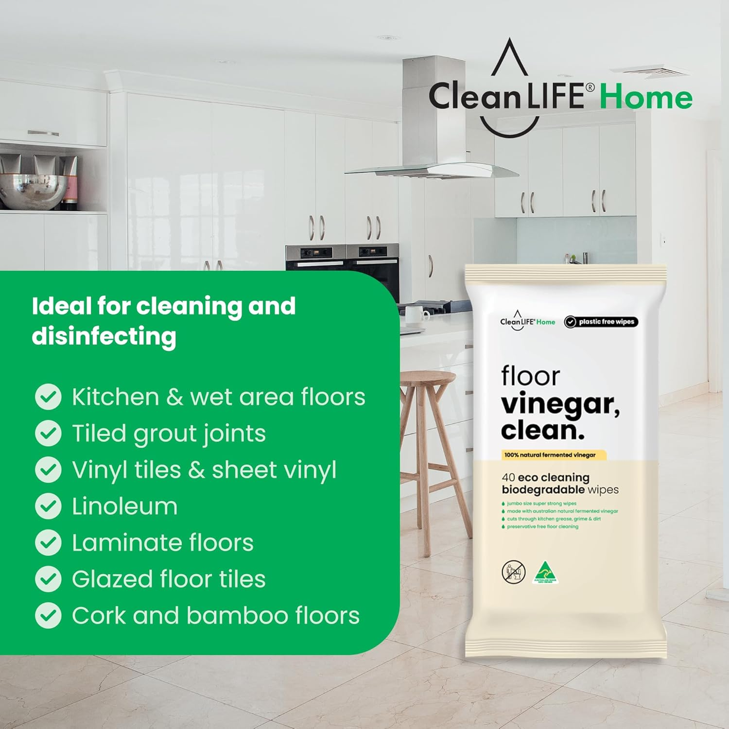 Cleanlife Floor Cleaning Wipes &ndash; Vinegar, Clean, 100% Natural Fermented Vinegar (9.99% Acetic Acid), Food Safe, Plant-Based, Preservative-Free, 40 Wipes, 5-Packs image number 2