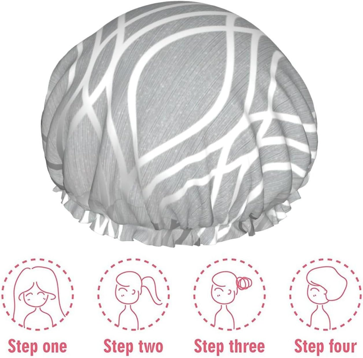 Silver Geometric Figure Print Shower Cap for Women Lightweight Reusable Softdouble Waterproof Layers Leakproof.