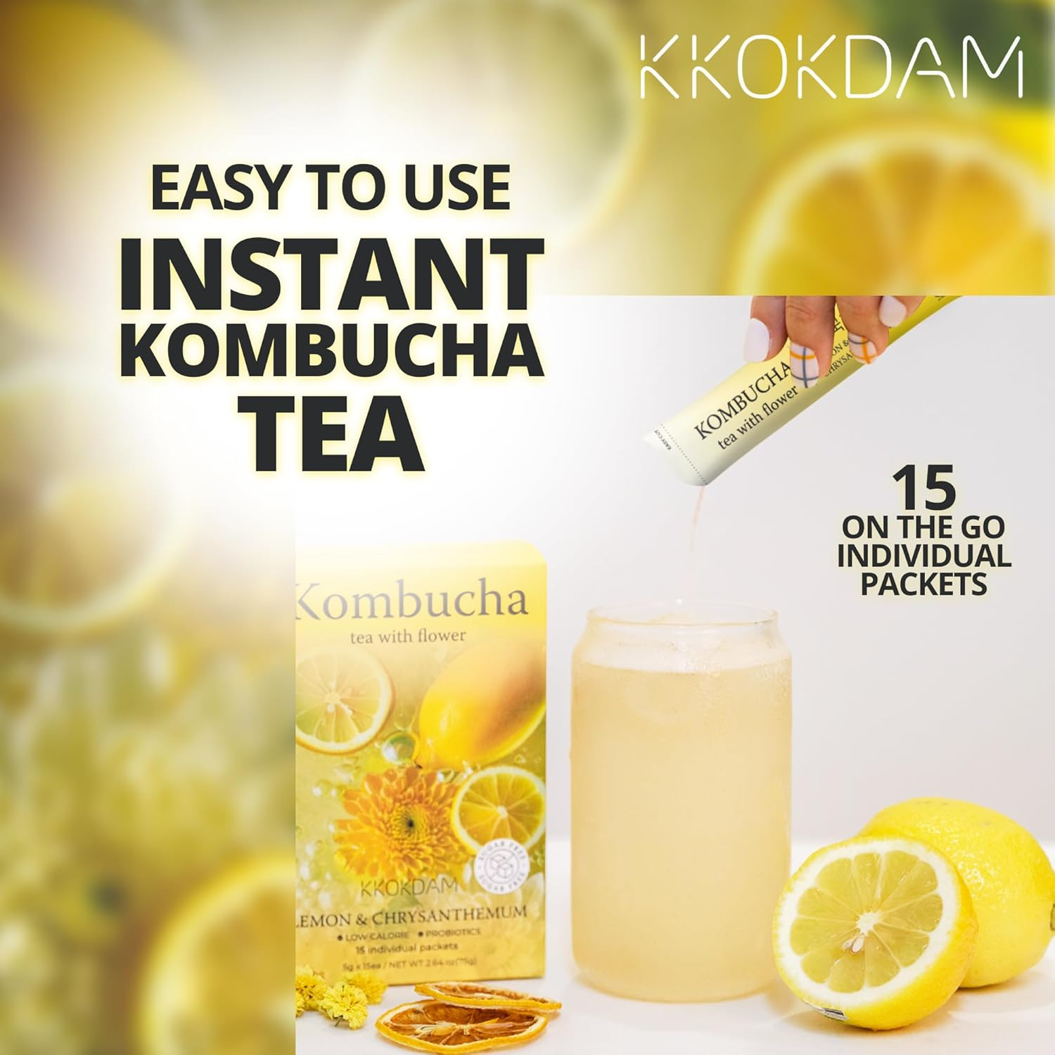 KKOKDAM Kombucha Tea 15 Packs - Lemon & Chrysanthemum Korean Tea - Kombucha Drinks Probiotic Support, Low Calorie, Sugar Free Kombucha Pack - 15 Drink image number 3