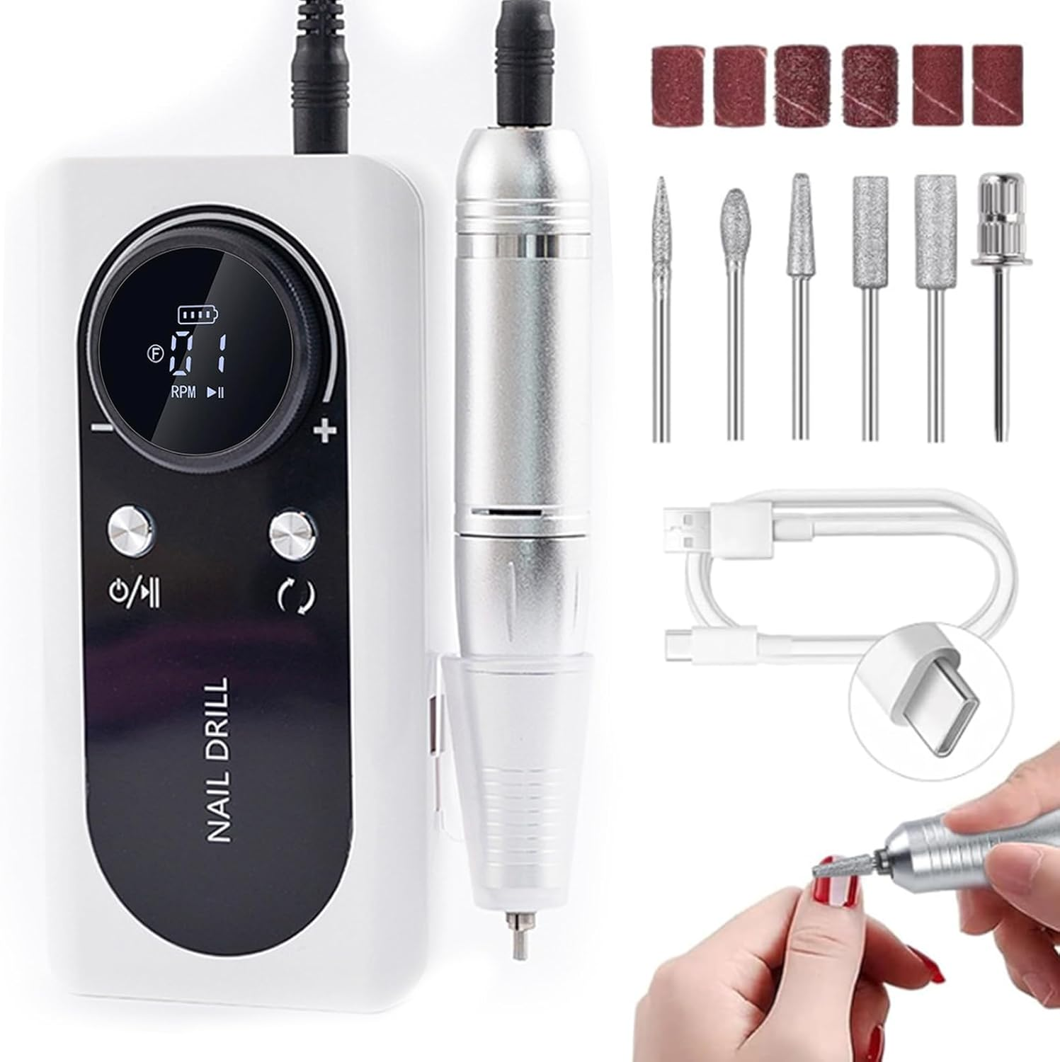 Cozyzen Cordless Nail Drill Professional: 45000 RPM Rechargeable Electric Nail File Kit, Portable & Low Noise for Acrylic, Gel Nails, Manicure & Pedicure - Salon & Home Use