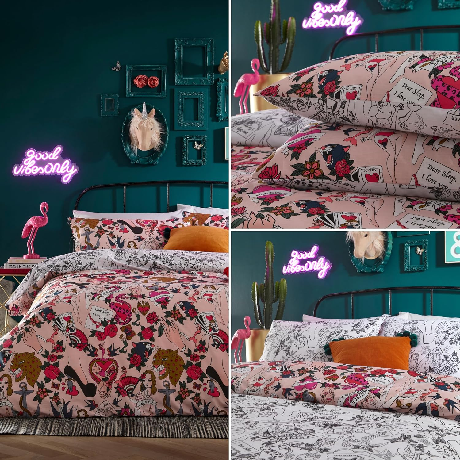 Furn Inked Duvet Cover Set &ndash; Tattoo Inspired Cartoon Print with Reversible Design, Polycotton Bedding (Pink Blush &ndash; Single)