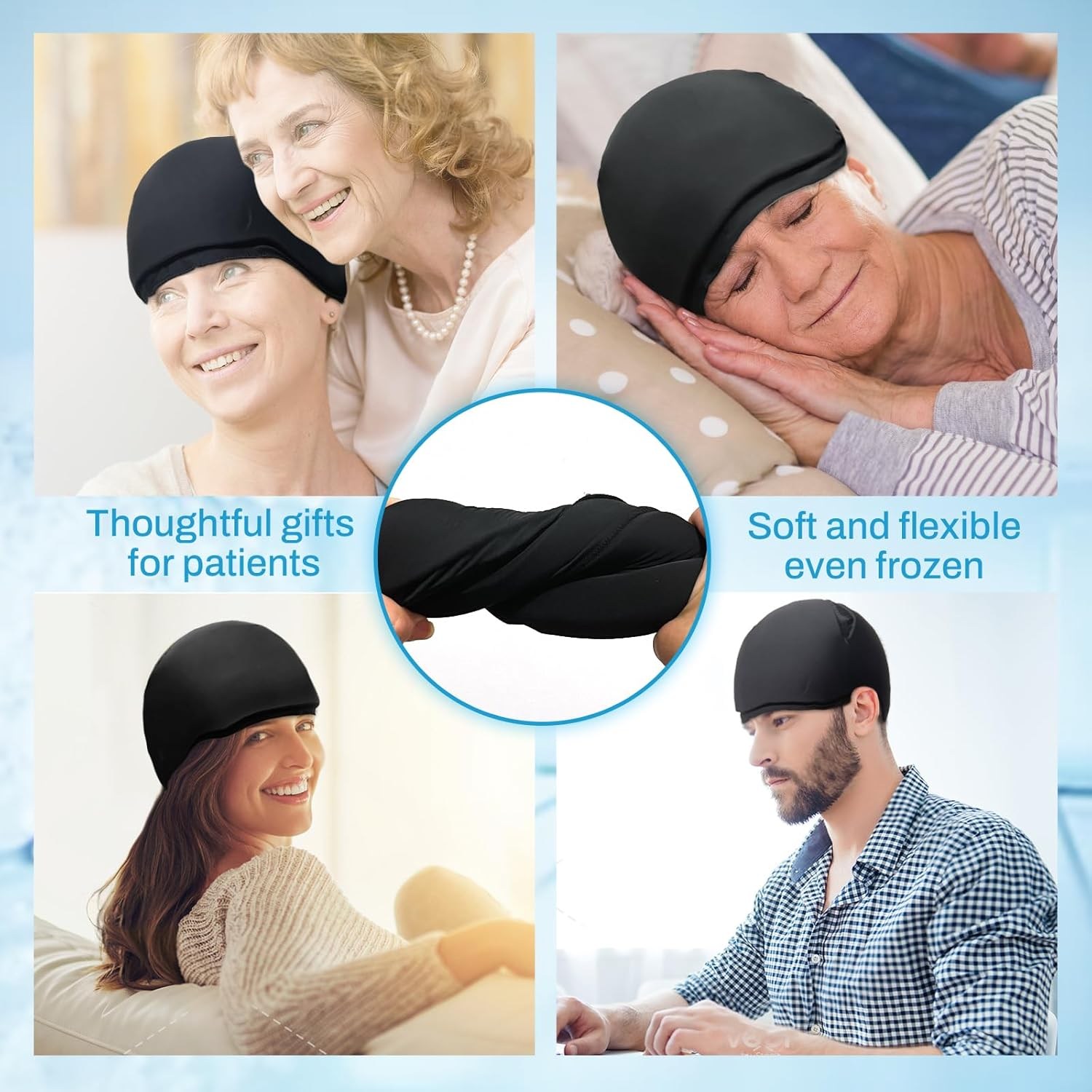Vecozey Migraine Ice Head Wrap - Hot and Cold Therapy Chemo Cap for Cancer Care, Headache Relief Cap, Reusable Gel Cooling Hat for Chemotherapy Patients, Tension & Stress Pain Relief, Comfort Fit (Women & Men)