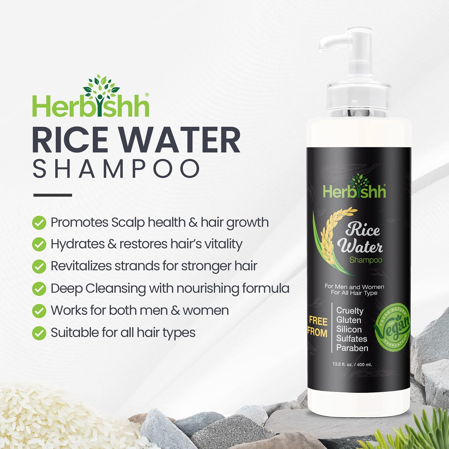 Herbishh Rice Water Hair Growth Shampoo with Power of Castor Oil, Argan Oil, Coconut Oil & Biotin |All Hair Type | Hair Regrowth for Thinning Hair, Moisturizing & Volumizing | Silicone Free | 400Ml image number 3