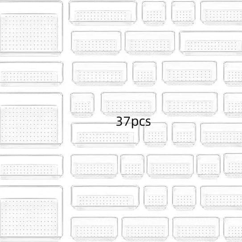 37 PCS Clear Plastic Drawer Organizers Set, 4-Size Versatile Bathroom and Vanity Drawer Organizer Trays, Storage Bins for Makeup, Bedroom, and Office image number 1