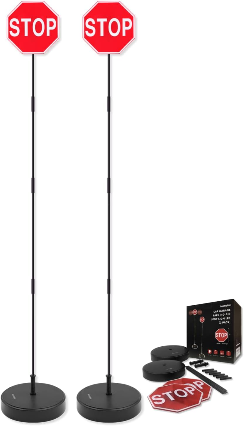 SECURITYMAN LED Stop Sign for Garage Parking Assist (2 Pack) - Stress Free - Large 7" Sign, Bright Red Leds, Adjustable Height (Up to 54") - Garage Car Stop Indicator That Lights up with Contact image number 6