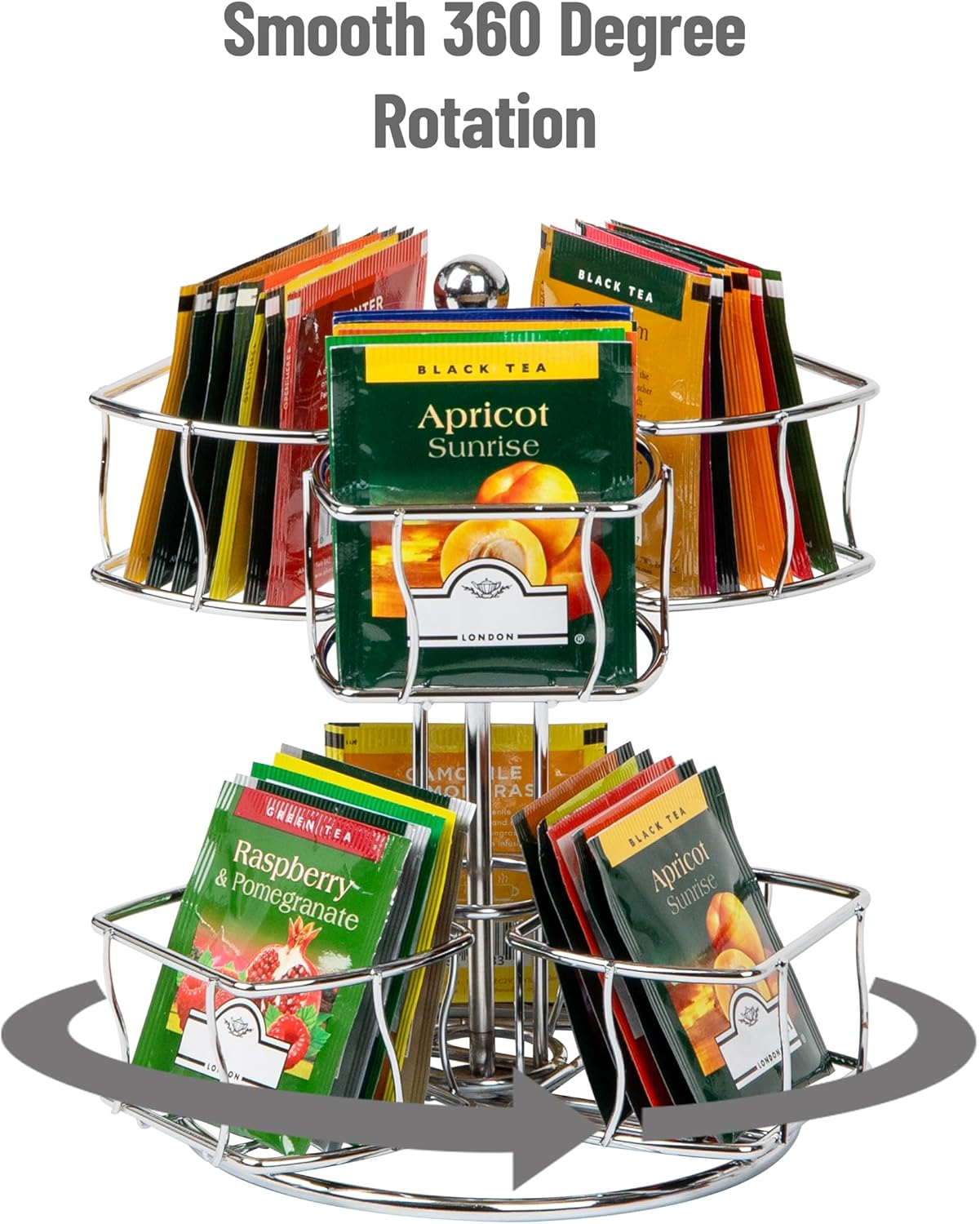Mind Reader Alloy Collection, 2-Tier Tea Bag Carousel, 60 Bag Capacity, Rotating, Metal, 7" L X 7" W X 8.25" H, Silver