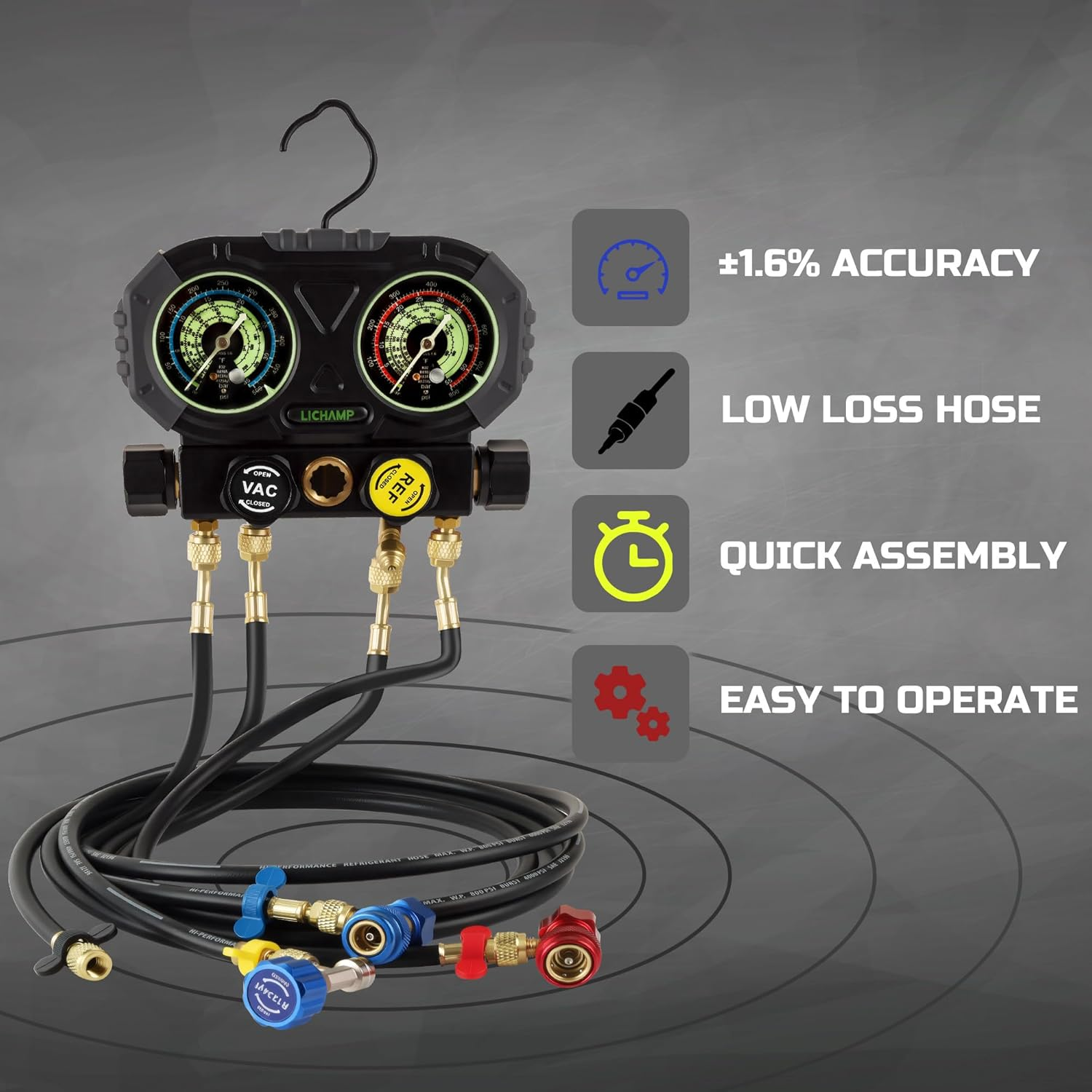 Lichamp HVAC Gauges with 5 FT Hoses, AC Manifold Gauge Set R134A R1234 R410A and R32 Refrigerant Gauges image number 6