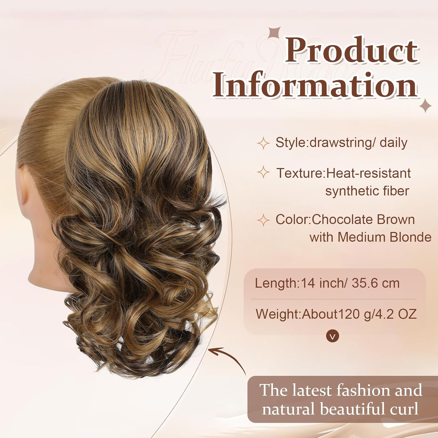 Flufymooz Ponytail Extension, 14 Inch Short Drawstring Ponytail Hair Extension for Women, Soft Synthetic Pony Tails Hairpiece for Women (Chocolate Brown with Medium Blonde)