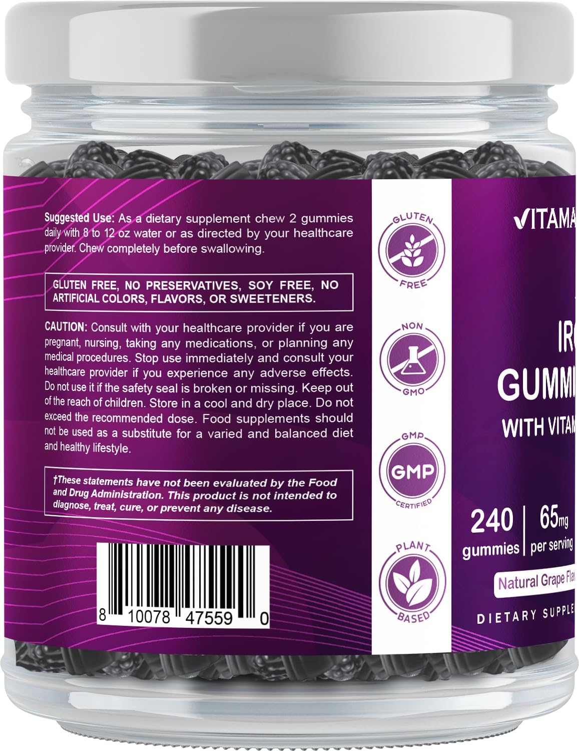 Vitamatic Iron 65 Mg Gummies Supplement for Women & Men - 240 Vegan Gummies - Great Tasting Iron Gummy Vitamins with Vitamin C image number 5