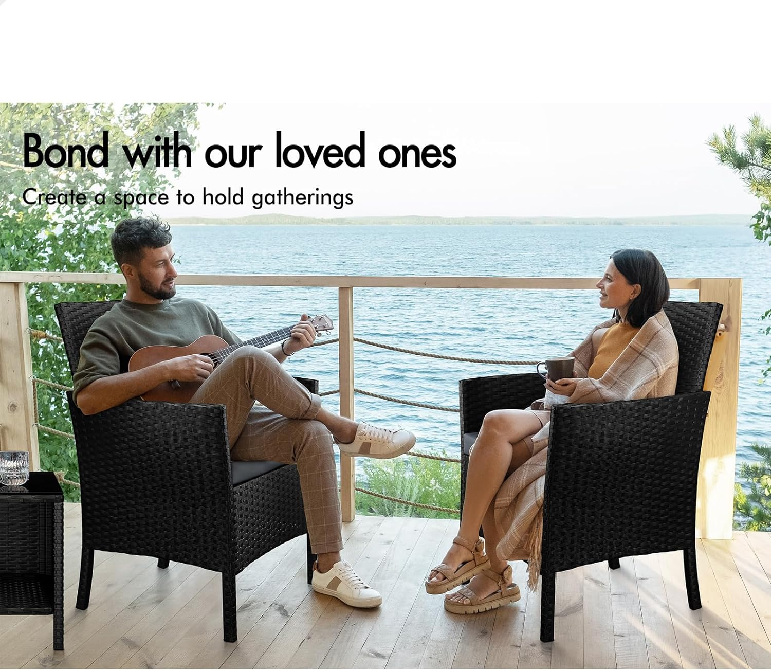 ALFORDSON Outdoor Patio Furniture 3Pcs Conversation Set, Wicker 3 Pieces Lounge Chair & Glass Coffee Table Setting, Steel Frame Garden Rattan Sofa with Cushions, Black image number 6