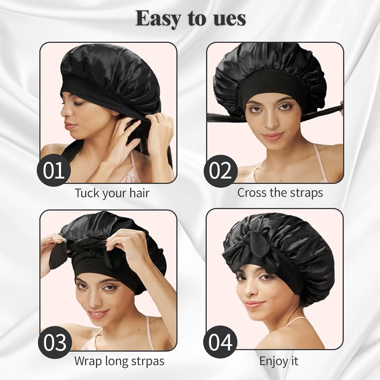 Waytiffer 2PCS Satin Silk Bonnet for Sleeping Jumbo Satin Bonnet, Silk Hair Bonnets Night Sleep Cap for Large Satins Shower Cap for Women （Black&Pink） image number 3