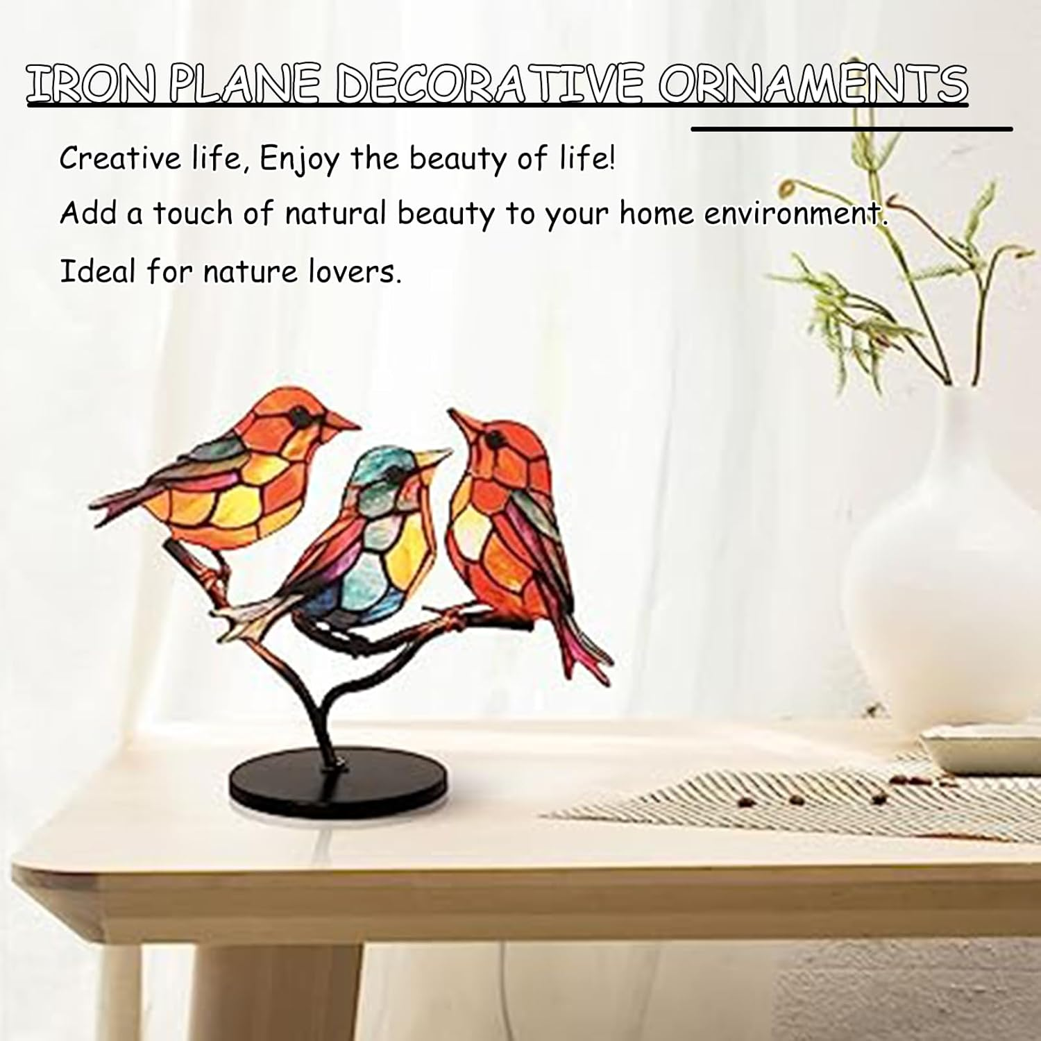 VNRGG Stained Birds on Branch, Desktop Ornaments Double,Sided Metal Flatness Table Art, Home Room Decoration,Suitable for Office Wine Cooler Decor.(3 Birds on a Branch) image number 2