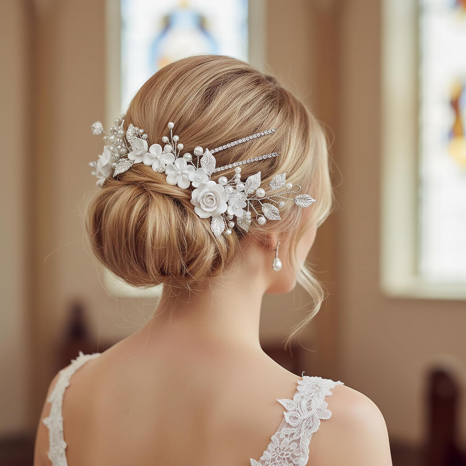 Flower Bridal Wedding Hair Vine Pearl Headband, Crystal Headband, Flower Leaf Headpiece, Pearl Hair Accessories, Hair Accessories for Women and Girls image number 2